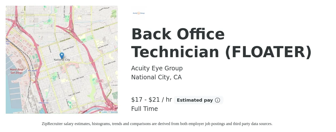 Acuity Eye Group job posting for a Back Office Technician (FLOATER) in National City, CA with a salary of $18 to $23 Hourly with a map of National City location.