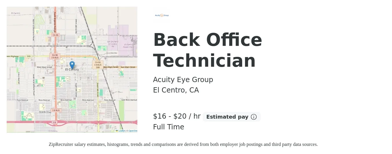 Acuity Eye Group job posting for a Back Office Technician in El Centro, CA with a salary of $17 to $21 Hourly with a map of El Centro location.