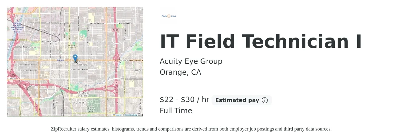 Acuity Eye Group job posting for a IT Field Technician I in Orange, CA with a salary of $23 to $31 Hourly with a map of Orange location.