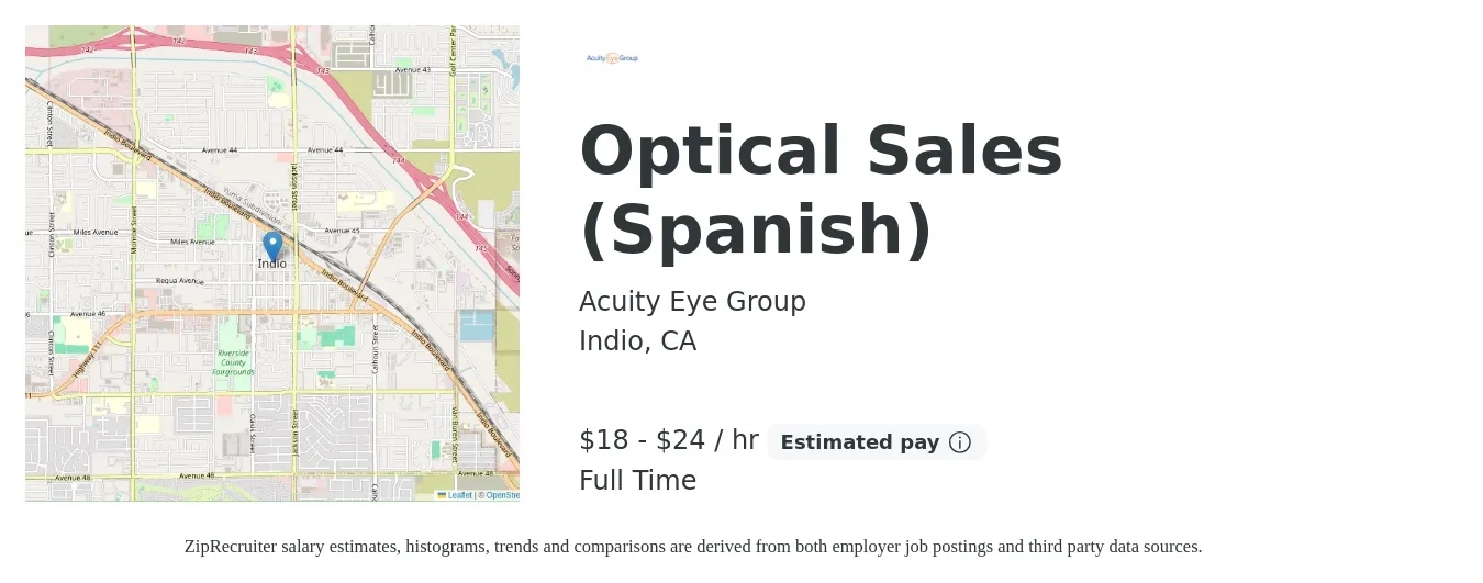 Acuity Eye Group job posting for a Optical Sales (Spanish) in Indio, CA with a salary of $19 to $25 Hourly with a map of Indio location.