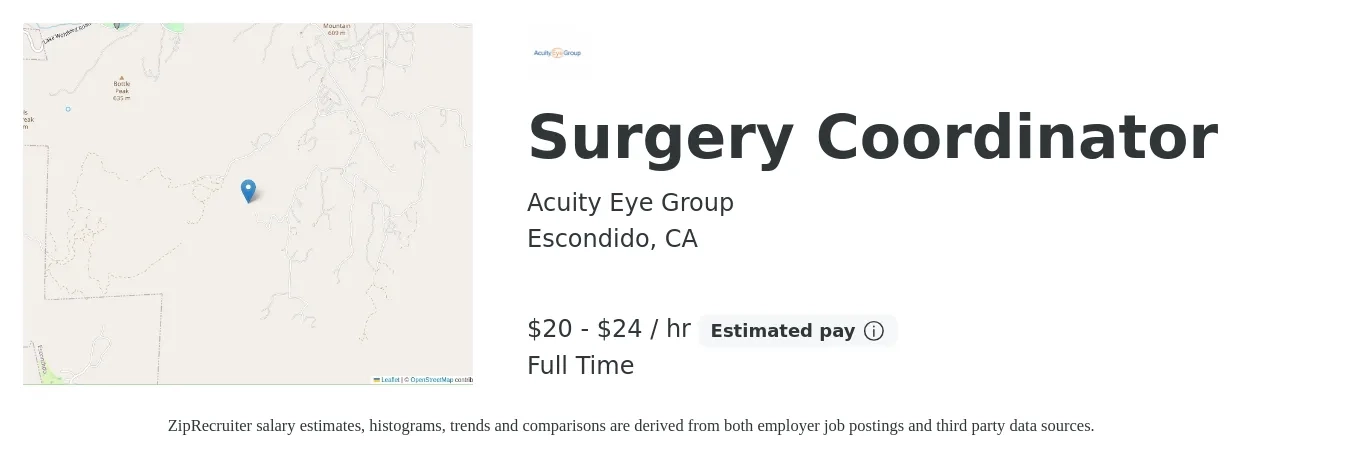 Acuity Eye Group job posting for a Surgery Coordinator in Escondido, CA with a salary of $21 to $25 Hourly with a map of Escondido location.