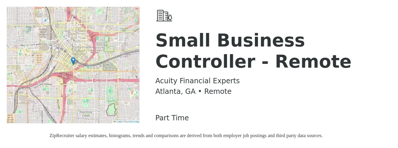 Acuity Financial Experts job posting for a Small Business Controller - Remote in Atlanta, GA with a salary of $93,300 to $133,200 Yearly with a map of Atlanta location.