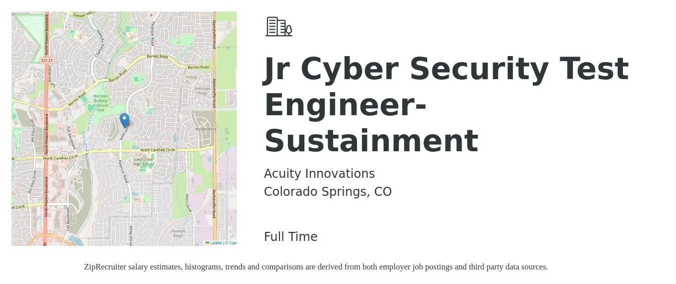 Acuity Innovations job posting for a Jr Cyber Security Test Engineer-Sustainment in Colorado Springs, CO with a salary of $100,000 to $130,000 Yearly with a map of Colorado Springs location.