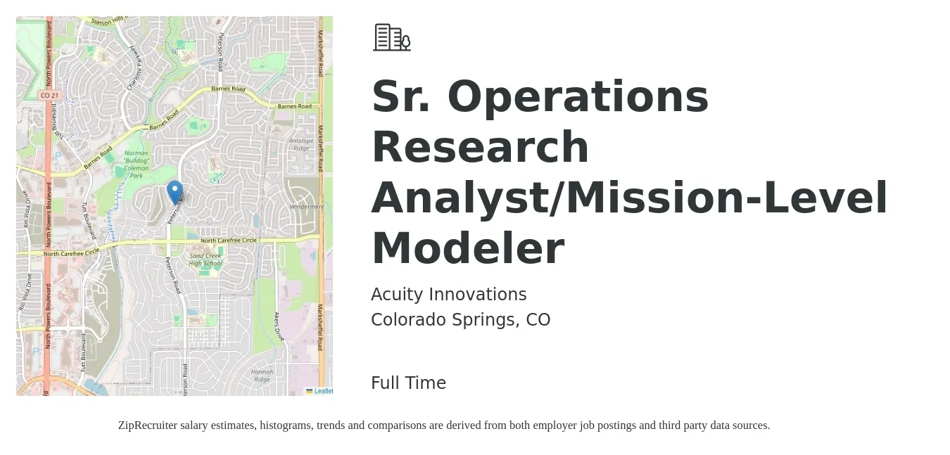 Acuity Innovations job posting for a Sr. Operations Research Analyst/Mission-Level Modeler in Colorado Springs, CO with a salary of $130,000 to $170,000 Yearly with a map of Colorado Springs location.