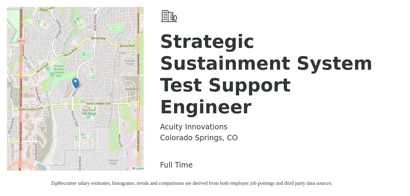 Acuity Innovations job posting for a Strategic Sustainment System Test Support Engineer in Colorado Springs, CO with a salary of $105,000 to $150,000 Yearly with a map of Colorado Springs location.