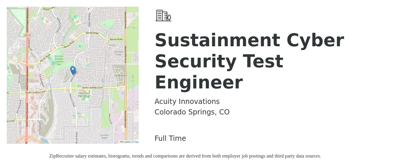 Acuity Innovations job posting for a Sustainment Cyber Security Test Engineer in Colorado Springs, CO with a salary of $120,000 to $160,000 Yearly with a map of Colorado Springs location.