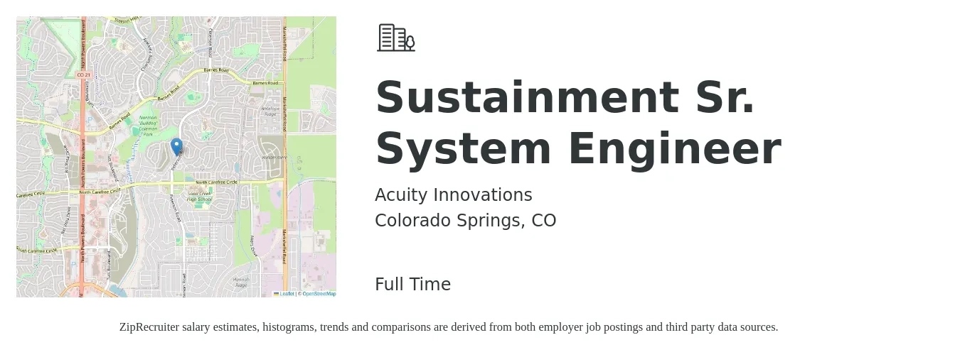 Acuity Innovations job posting for a Sustainment Sr. System Engineer in Colorado Springs, CO with a salary of $95,000 to $125,000 Yearly with a map of Colorado Springs location.