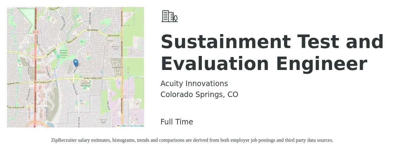 Acuity Innovations job posting for a Sustainment Test and Evaluation Engineer in Colorado Springs, CO with a salary of $120,000 to $155,000 Yearly with a map of Colorado Springs location.
