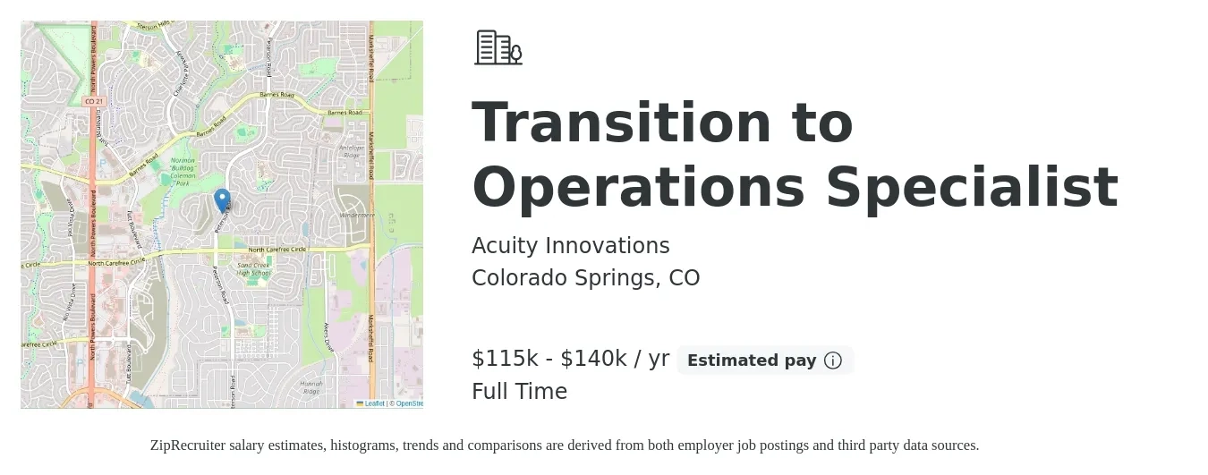 Acuity Innovations job posting for a Transition to Operations Specialist in Colorado Springs, CO with a salary of $115,000 to $140,000 Yearly with a map of Colorado Springs location.