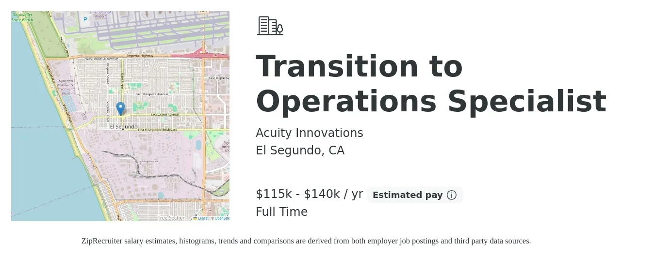 Acuity Innovations job posting for a Transition to Operations Specialist in El Segundo, CA with a salary of $115,000 to $140,000 Yearly with a map of El Segundo location.
