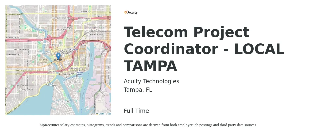 Acuity Technologies job posting for a Telecom Project Coordinator - LOCAL TAMPA in Tampa, FL with a salary of $22 to $32 Hourly with a map of Tampa location.