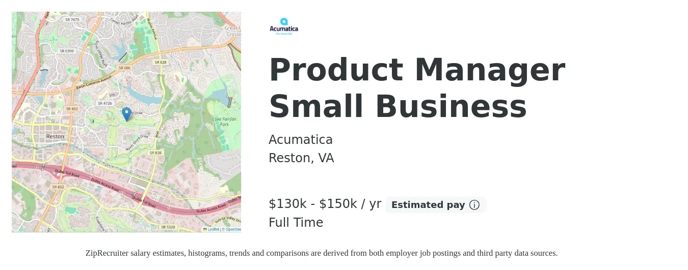 Acumatica job posting for a Product Manager Small Business in Reston, VA with a salary of $130,000 to $150,000 Yearly with a map of Reston location.