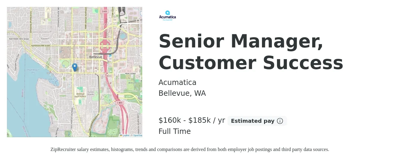 Acumatica job posting for a Senior Manager, Customer Success in Bellevue, WA with a salary of $160,000 to $185,000 Yearly with a map of Bellevue location.
