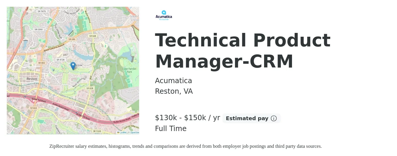 Acumatica job posting for a Technical Product Manager-CRM in Reston, VA with a salary of $130,000 to $150,000 Yearly with a map of Reston location.