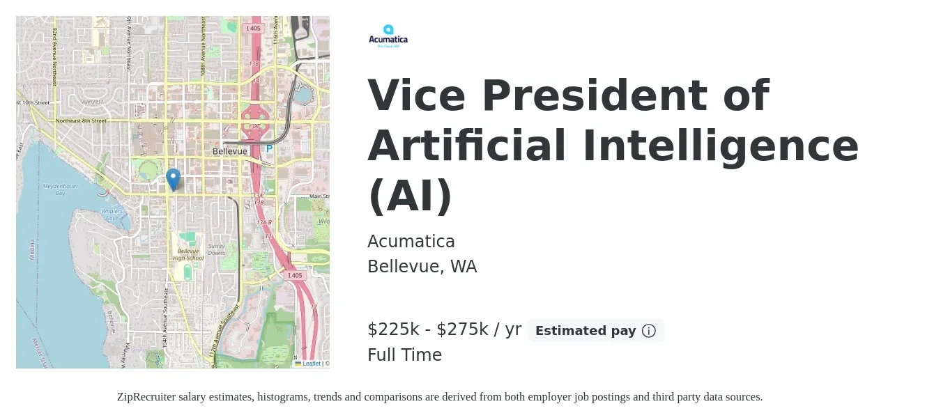 Acumatica job posting for a Vice President of Artificial Intelligence (AI) in Bellevue, WA with a salary of $225,000 to $275,000 Yearly with a map of Bellevue location.