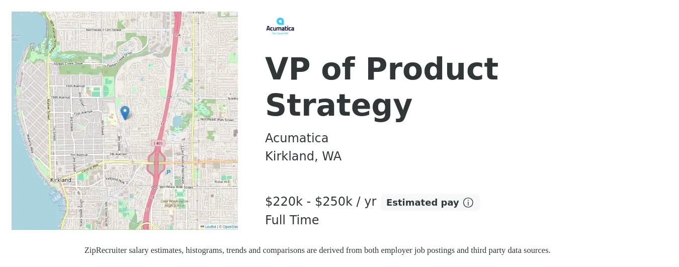 Acumatica job posting for a VP of Product Strategy in Kirkland, WA with a salary of $220,000 to $250,000 Yearly with a map of Kirkland location.