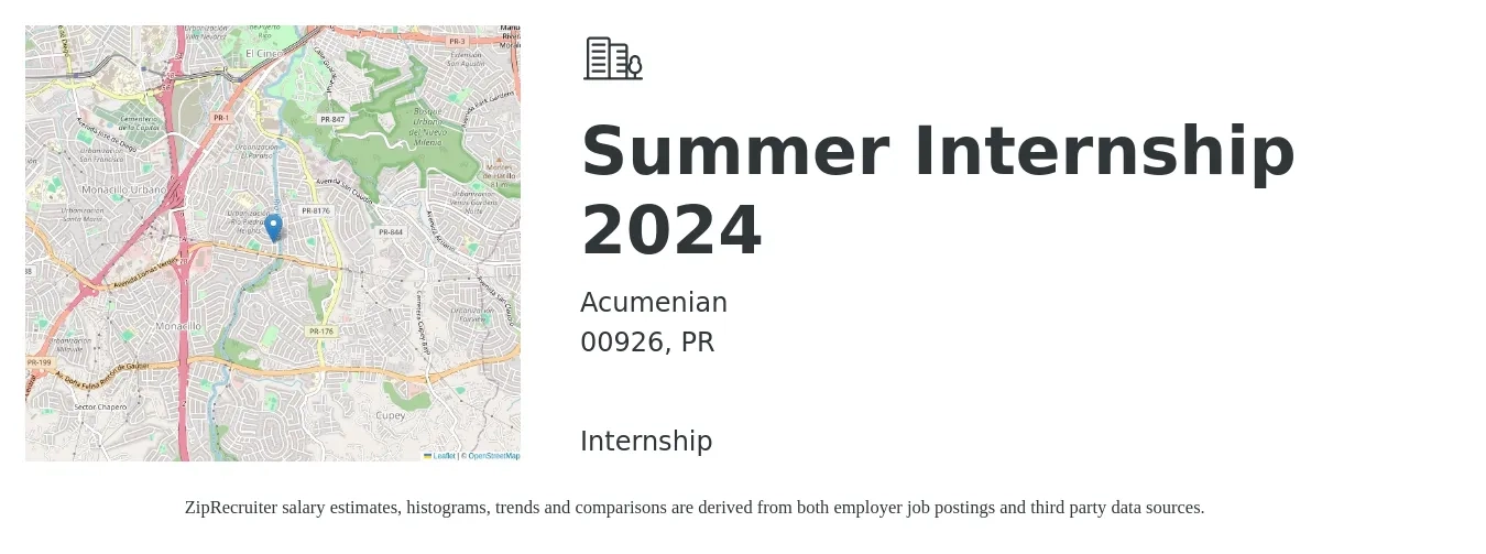 Acumenian job posting for a Summer Internship 2024 in 00926, PR with a salary of $16 to $21 Hourly with a map of 00926 location.