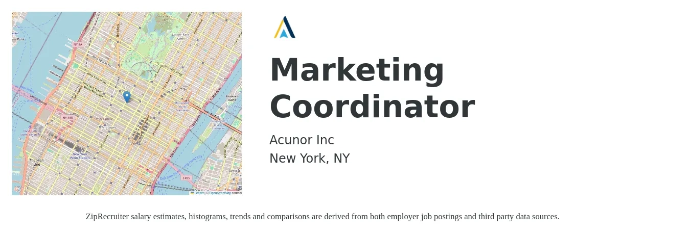 Acunor job posting for a Marketing Coordinator in New York, NY with a salary of $46,900 to $64,500 Yearly with a map of New York location.