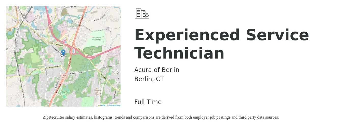 Acura of Berlin job posting for a Experienced Service Technician in Berlin, CT with a salary of $19 to $31 Hourly with a map of Berlin location.