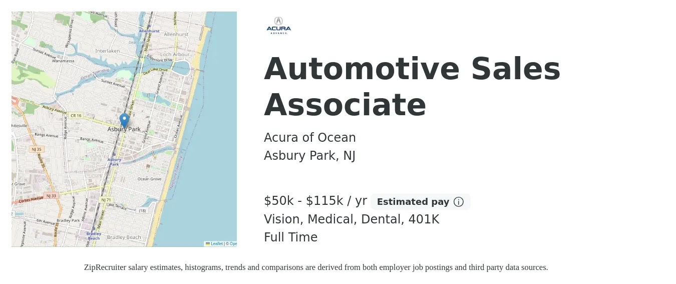 Acura of Ocean job posting for a Automotive Sales Associate in Asbury Park, NJ with a salary of $50,000 to $115,000 Yearly and benefits including medical, vision, 401k, and dental with a map of Asbury Park location.