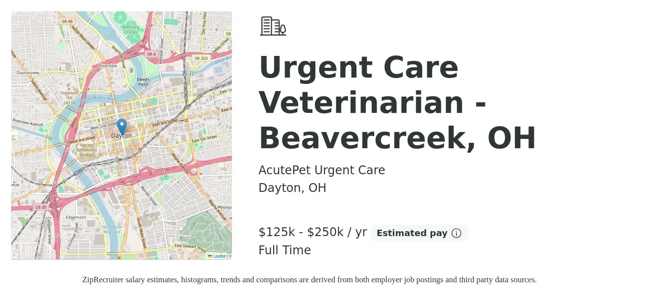 AcutePet Urgent Care job posting for a Urgent Care Veterinarian - Beavercreek, OH in Dayton, OH with a salary of $125,000 to $250,000 Yearly with a map of Dayton location.