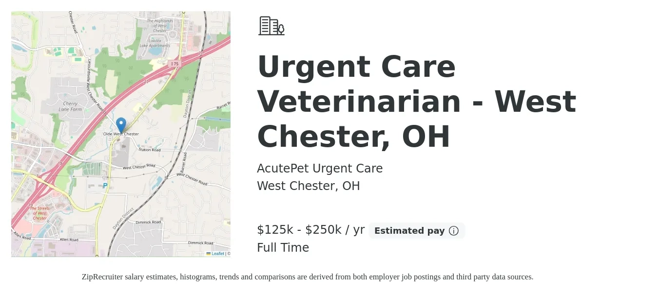 AcutePet Urgent Care job posting for a Urgent Care Veterinarian - West Chester, OH in West Chester, OH with a salary of $125,000 to $250,000 Yearly with a map of West Chester location.
