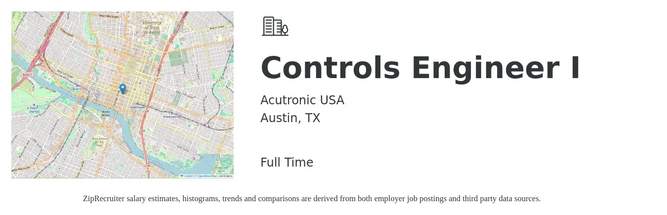 Acutronic USA job posting for a Controls Engineer I in Austin, TX with a salary of $82,800 to $107,000 Yearly with a map of Austin location.
