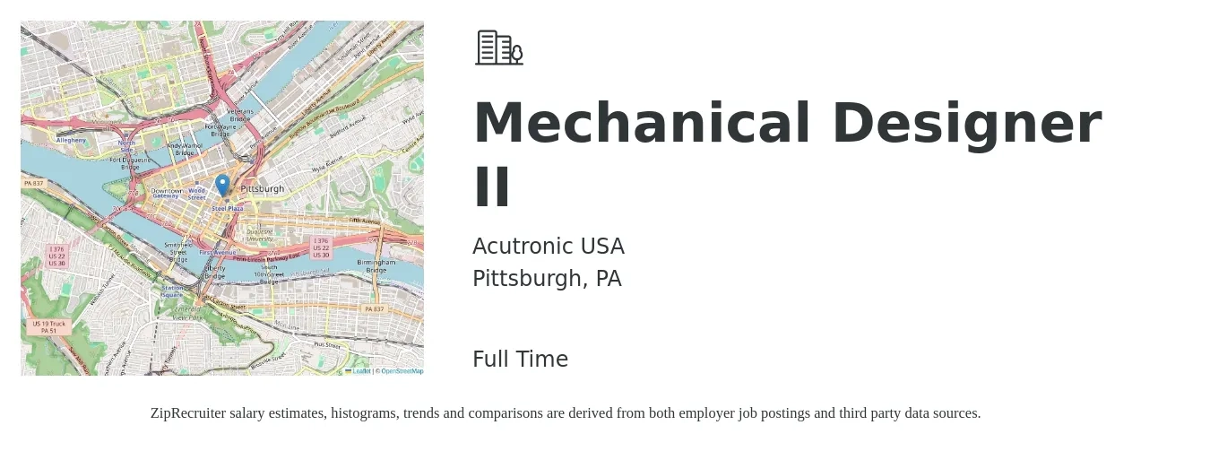 Acutronic USA job posting for a Mechanical Designer II in Pittsburgh, PA with a salary of $29 to $42 Hourly with a map of Pittsburgh location.