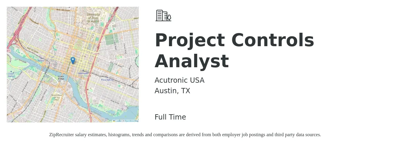 Acutronic USA job posting for a Project Controls Analyst in Austin, TX with a salary of $84,300 to $118,400 Yearly with a map of Austin location.