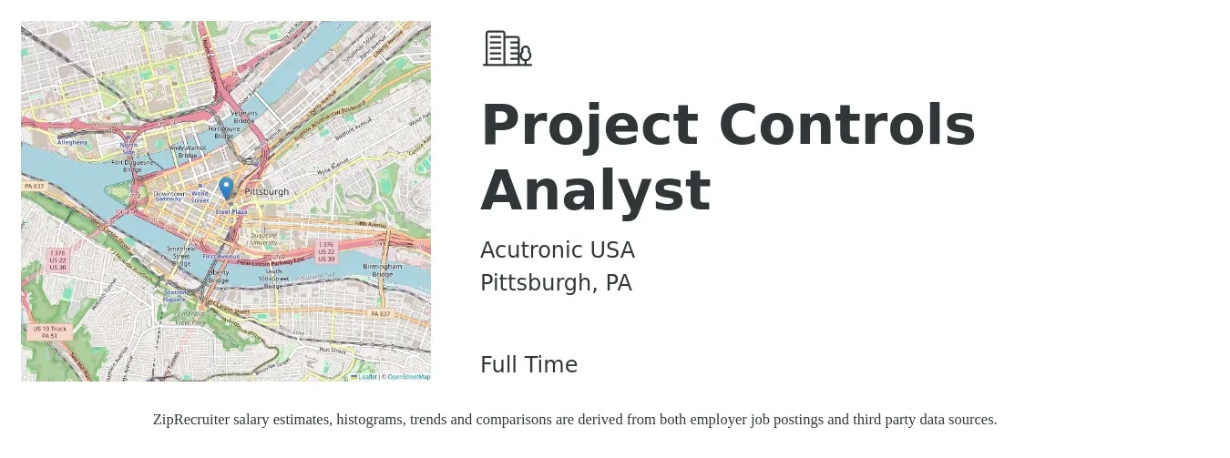 Acutronic USA job posting for a Project Controls Analyst in Pittsburgh, PA with a salary of $92,200 to $101,900 Yearly with a map of Pittsburgh location.