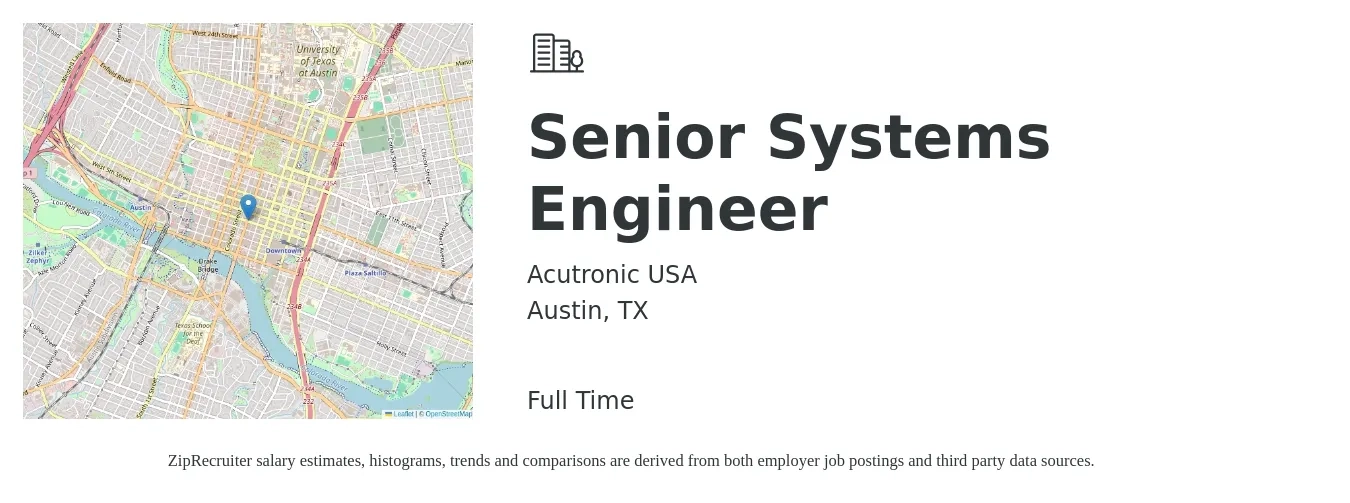 Acutronic USA job posting for a Senior Systems Engineer in Austin, TX with a salary of $103,600 to $141,700 Yearly with a map of Austin location.