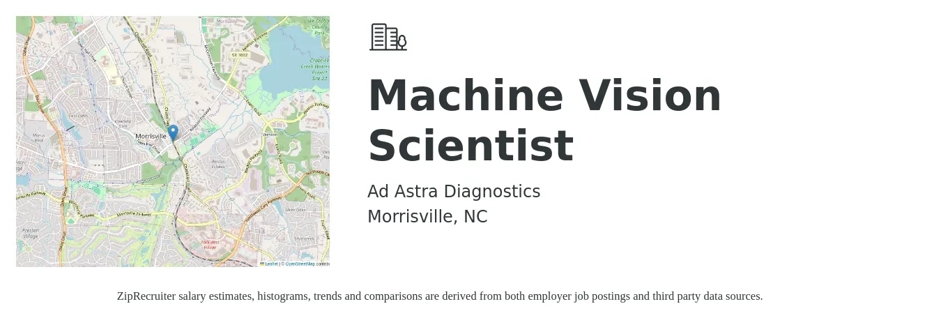 Ad Astra Diagnostics job posting for a Machine Vision Scientist in Morrisville, NC with a salary of $88,400 to $128,200 Yearly with a map of Morrisville location.
