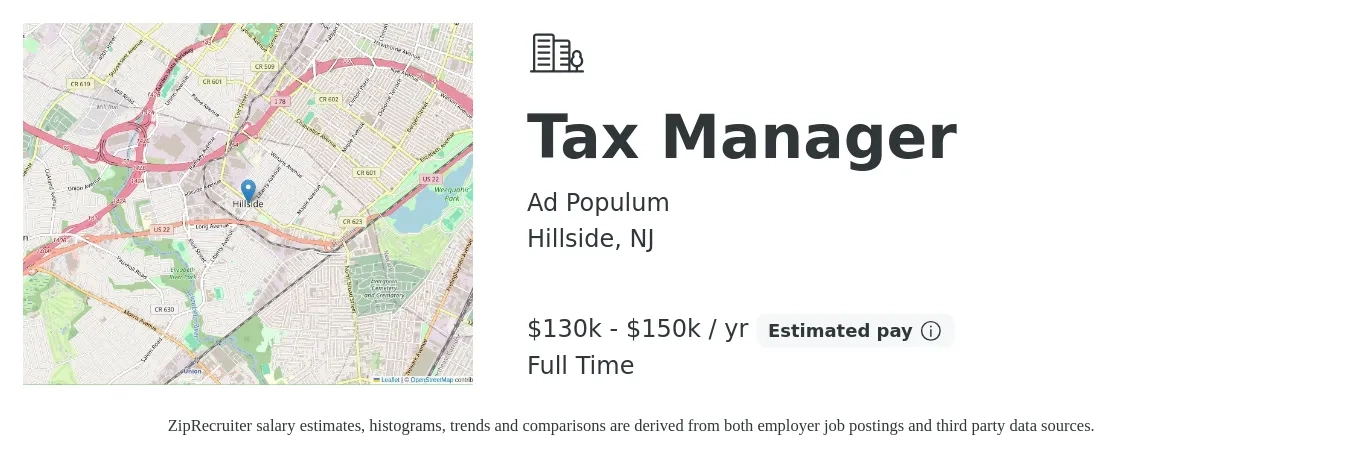 Ad Populum job posting for a Tax Manager in Hillside, NJ with a salary of $130,000 to $150,000 Yearly with a map of Hillside location.