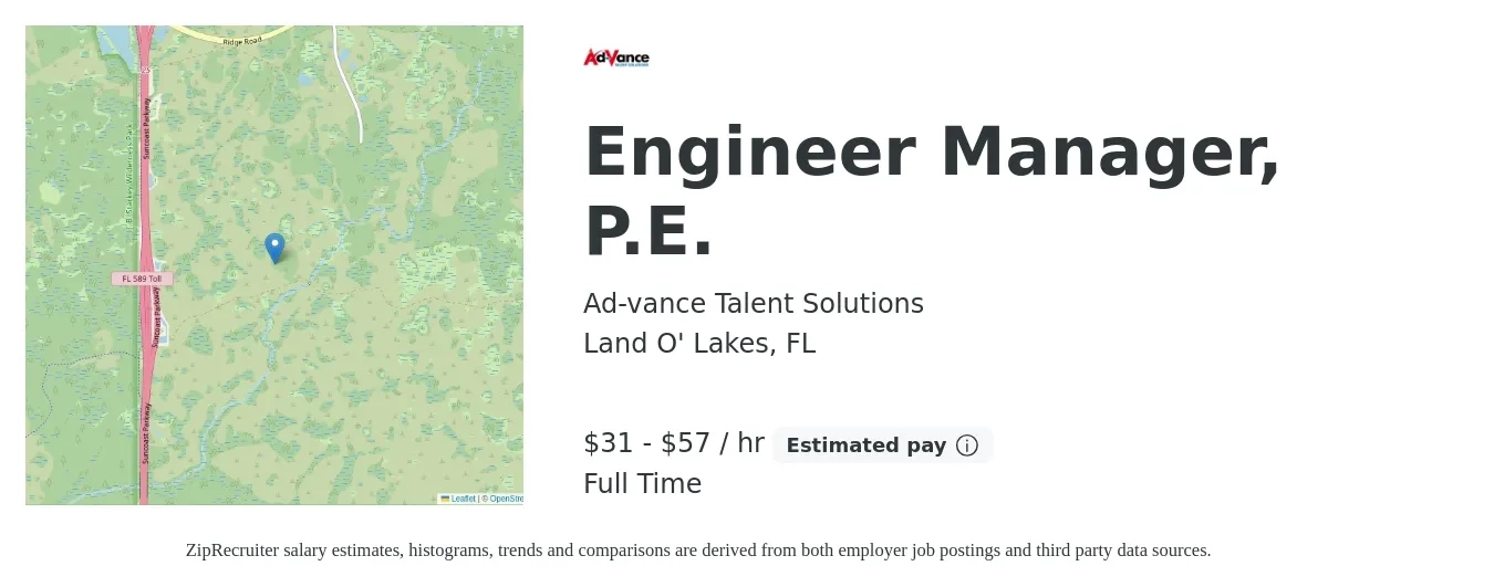 Ad-vance Talent Solutions job posting for a Engineer Manager, P.E. in Land O' Lakes, FL with a salary of $33 to $60 Hourly with a map of Land O' Lakes location.