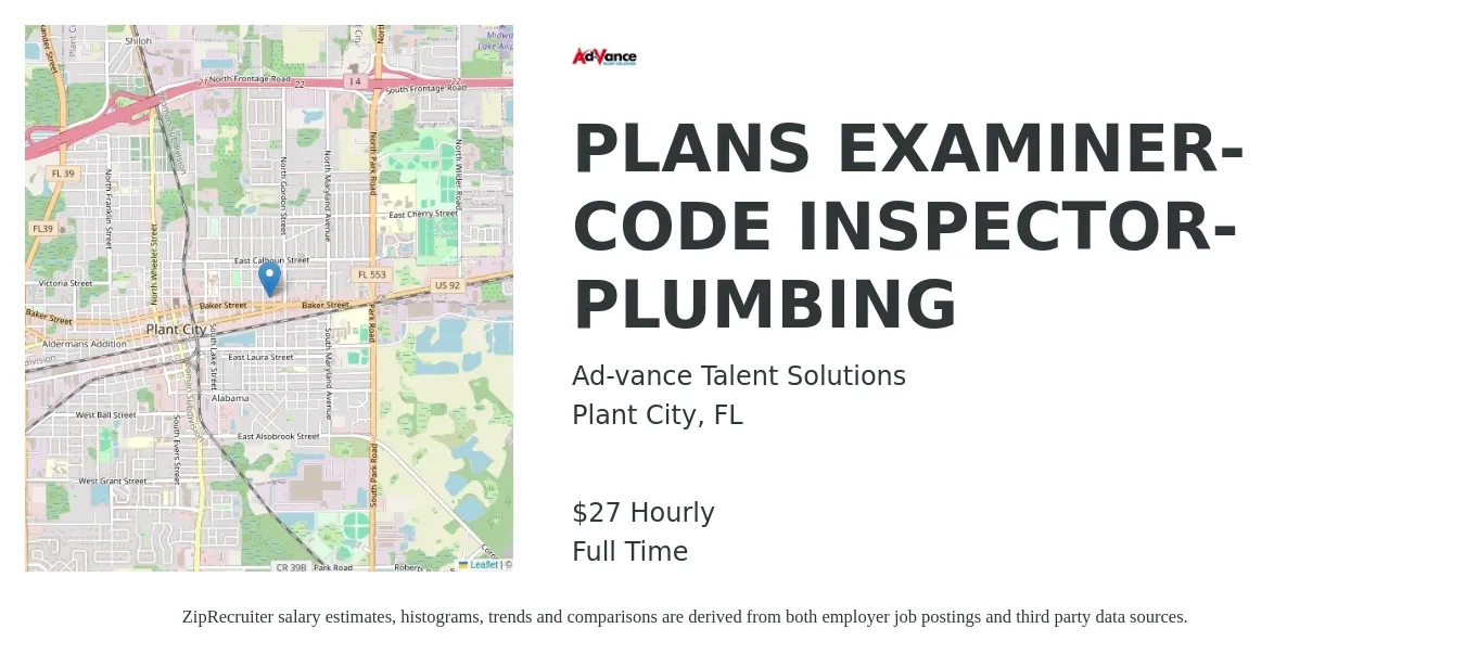 Ad-vance Talent Solutions job posting for a PLANS EXAMINER-CODE INSPECTOR-PLUMBING in Plant City, FL with a salary of $29 Hourly with a map of Plant City location.