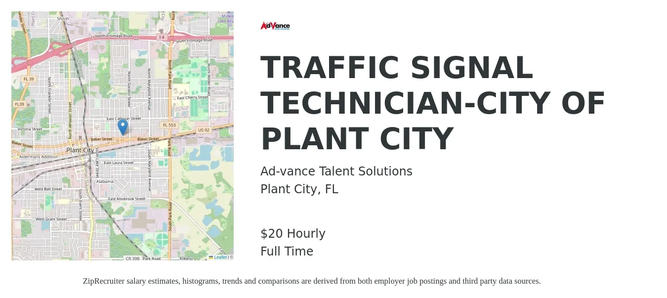 Ad-vance Talent Solutions job posting for a TRAFFIC SIGNAL TECHNICIAN-CITY OF PLANT CITY in Plant City, FL with a salary of $22 Hourly with a map of Plant City location.