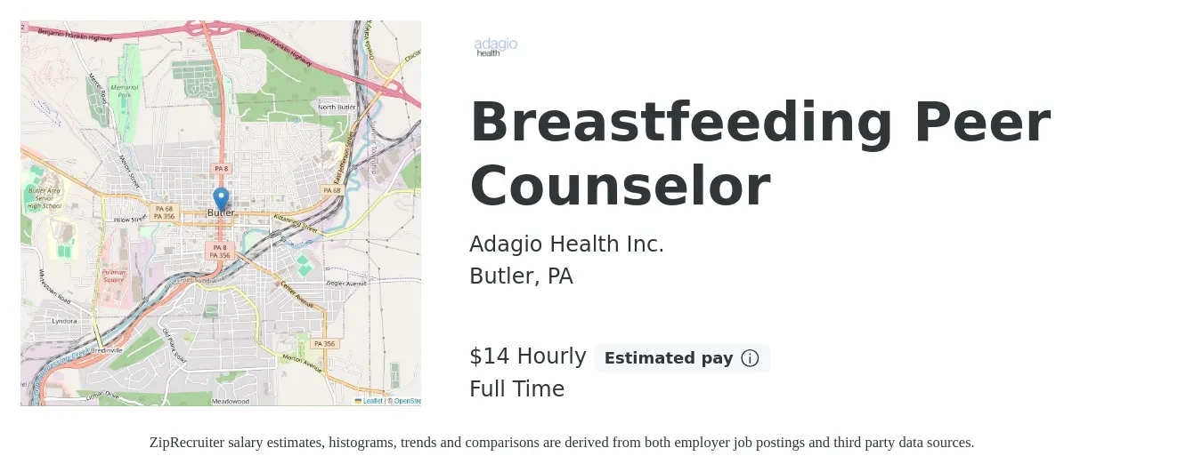Adagio Health Inc. job posting for a Breastfeeding Peer Counselor in Butler, PA with a salary of $15 Hourly with a map of Butler location.