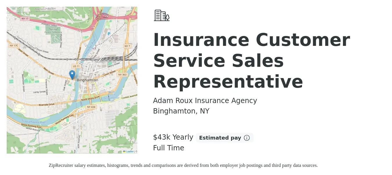 Adam Roux Insurance Agency job posting for a Insurance Customer Service Sales Representative in Binghamton, NY with a salary of $43,680 Yearly with a map of Binghamton location.