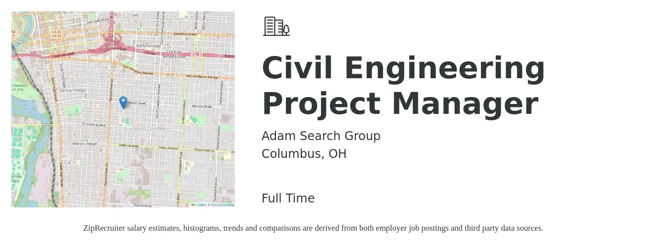 Adam Search Group job posting for a Civil Engineering Project Manager in Columbus, OH with a salary of $82,000 to $109,600 Yearly with a map of Columbus location.