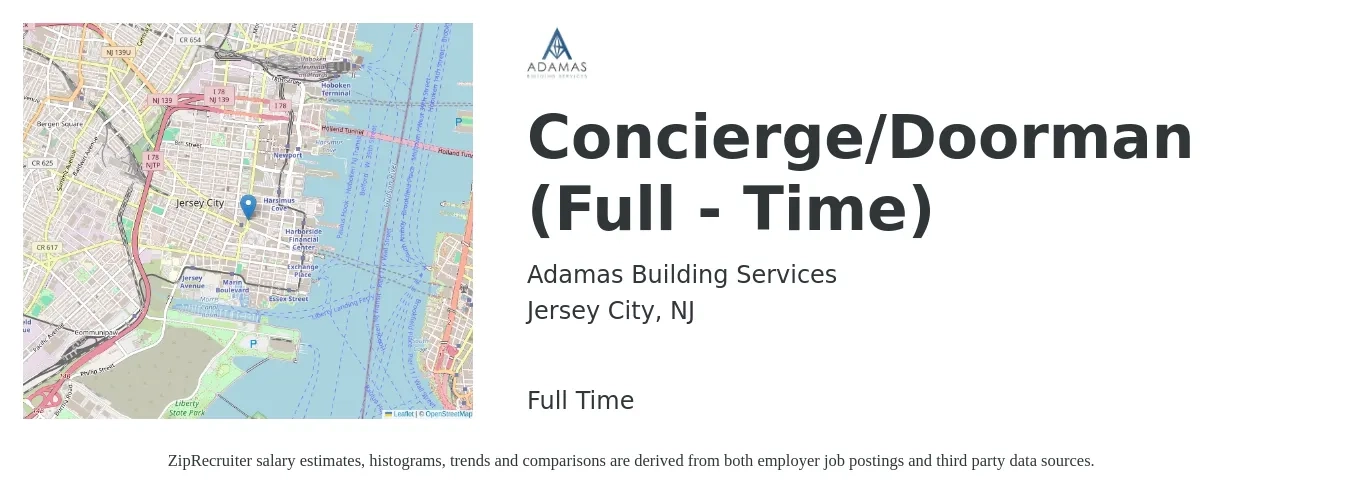 Adamas Building Services job posting for a Concierge/Doorman (Full - Time) in Jersey City, NJ with a salary of $17 Hourly with a map of Jersey City location.