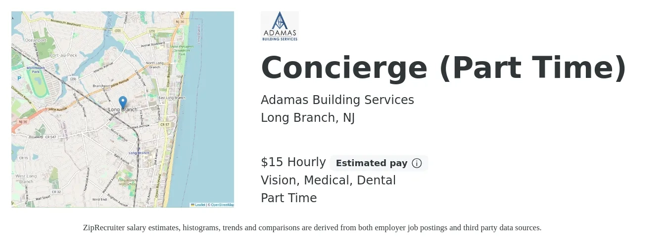 Adamas Building Services job posting for a Concierge (Part Time) in Long Branch, NJ with a salary of $16 Hourly and benefits including medical, retirement, vision, and dental with a map of Long Branch location.