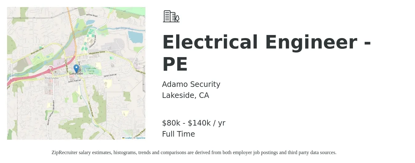 Adamo Security job posting for a Electrical Engineer - PE in Lakeside, CA with a salary of $80,000 to $140,000 Yearly with a map of Lakeside location.