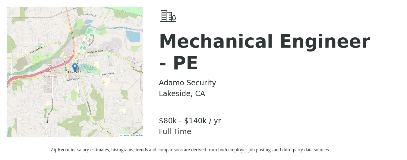 Adamo Security job posting for a Mechanical Engineer - PE in Lakeside, CA with a salary of $80,000 to $140,000 Yearly with a map of Lakeside location.