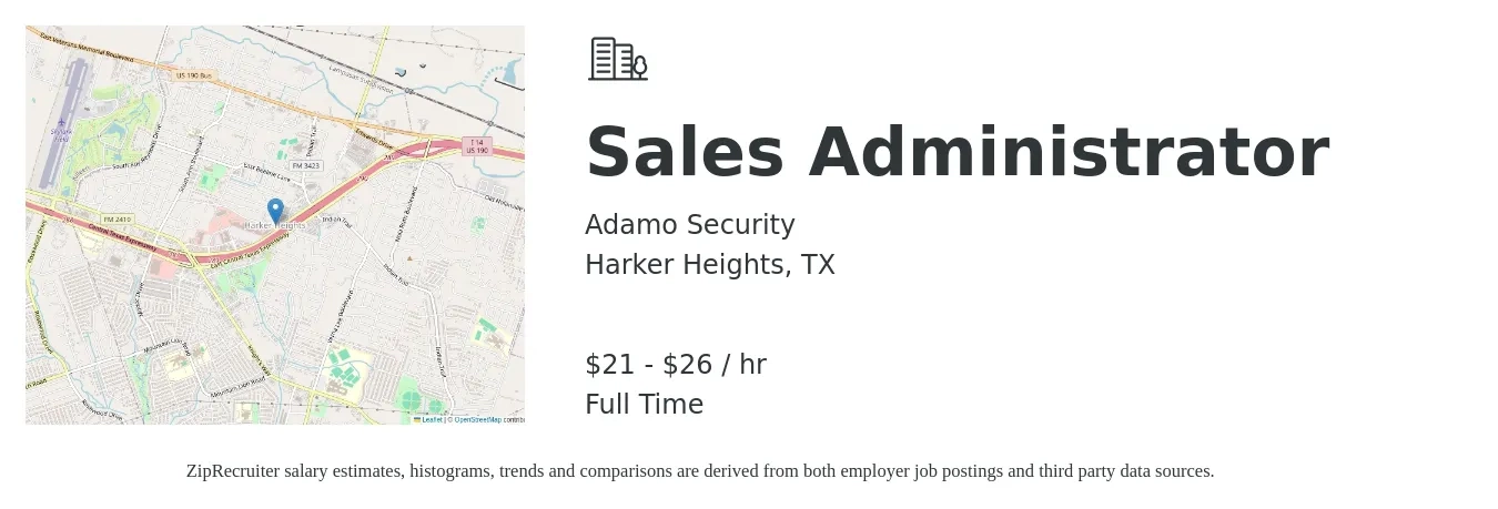 Adamo Security job posting for a Sales Administrator in Harker Heights, TX with a salary of $22 to $28 Hourly with a map of Harker Heights location.