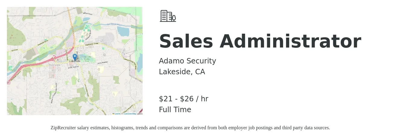 Adamo Security job posting for a Sales Administrator in Lakeside, CA with a salary of $22 to $28 Hourly with a map of Lakeside location.