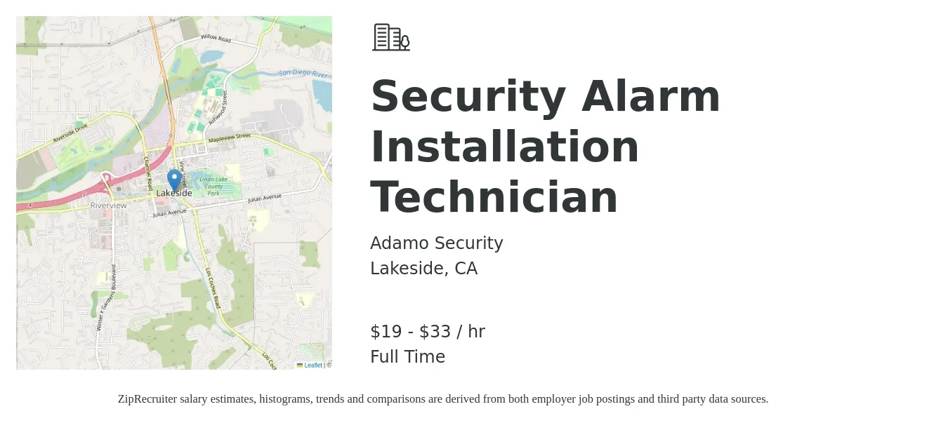 Adamo Security job posting for a Security Alarm Installation Technician in Lakeside, CA with a salary of $20 to $35 Hourly with a map of Lakeside location.