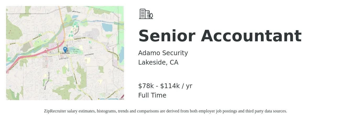 Adamo Security job posting for a Senior Accountant in Lakeside, CA with a salary of $78,387 to $114,877 Yearly with a map of Lakeside location.