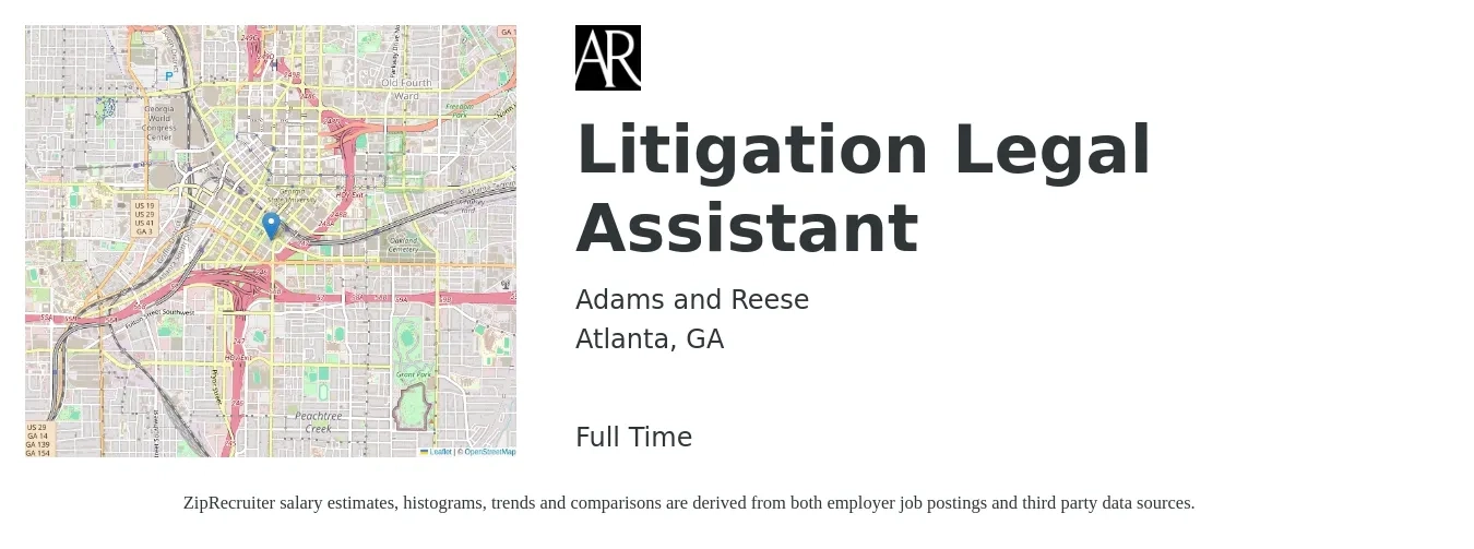 Adams and Reese job posting for a Litigation Legal Assistant in Atlanta, GA with a salary of $50,000 to $70,200 Yearly with a map of Atlanta location.