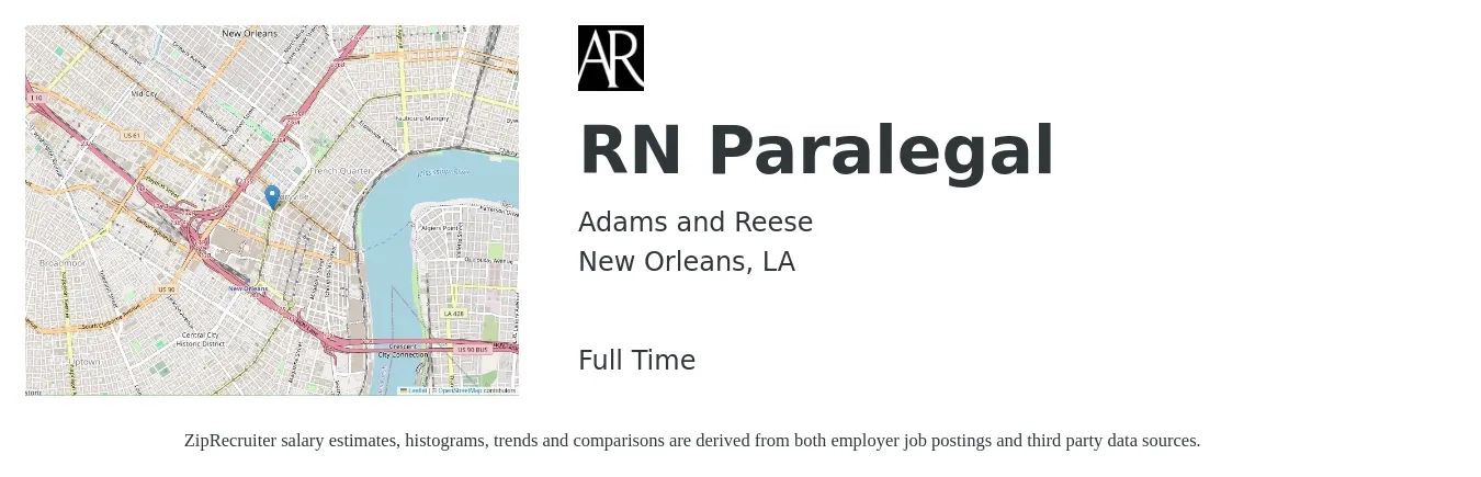 Adams and Reese job posting for a RN Paralegal in New Orleans, LA with a map of New Orleans location.