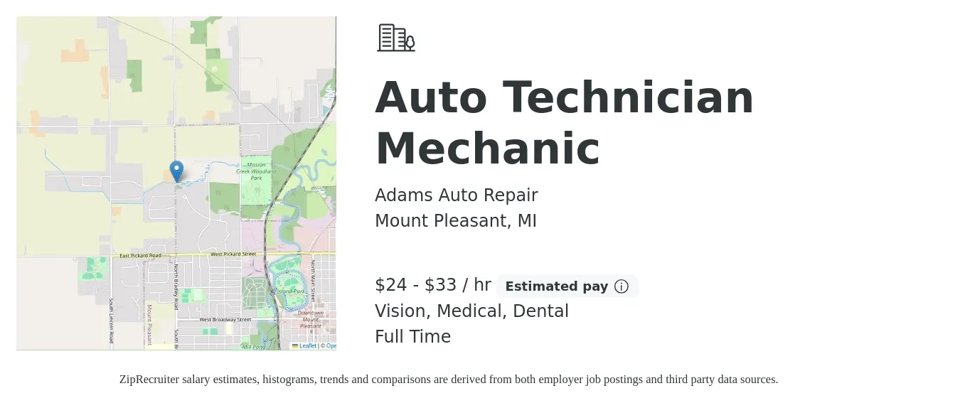 Adams Auto Repair job posting for a Auto Technician Mechanic in Mount Pleasant, MI with a salary of $25 to $35 Hourly and benefits including vision, dental, medical, and retirement with a map of Mount Pleasant location.